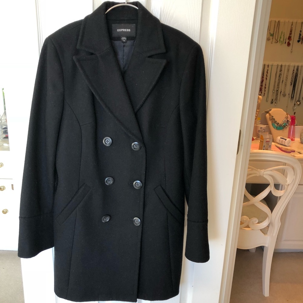 Express Double-breasted Wool Coat black size 7/8 - Picture 2 of 8